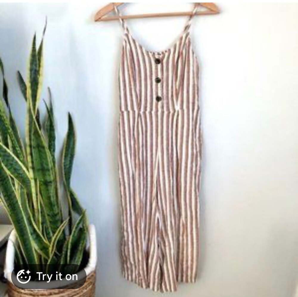 Universal Thread Women's Brown and White Striped Button-Front Wide Leg Jumpsuit